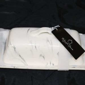 MAISON NEUVE FAUX MARBLE CERAMIC BUTTER DISH PLATE WITH COVER - GRAY/BLACK/WHITE